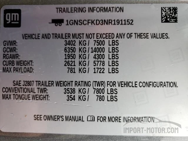 2022 Chevrolet Suburban C1500 Premier VIN: 1GNSCFKD3NR191152 Lot: 61010543