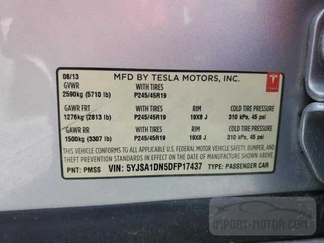 2013 Tesla Model S VIN: 5YJSA1DN5DFP17437 Lot: 63503323