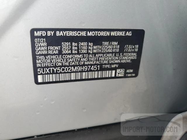 2021 BMW X3 xDrive30I VIN: 5UXTY5C02M9H97451 Lot: 63633433