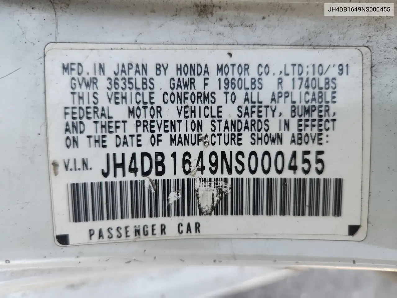1992 Acura Integra Rs VIN: JH4DB1649NS000455 Lot: 62386755