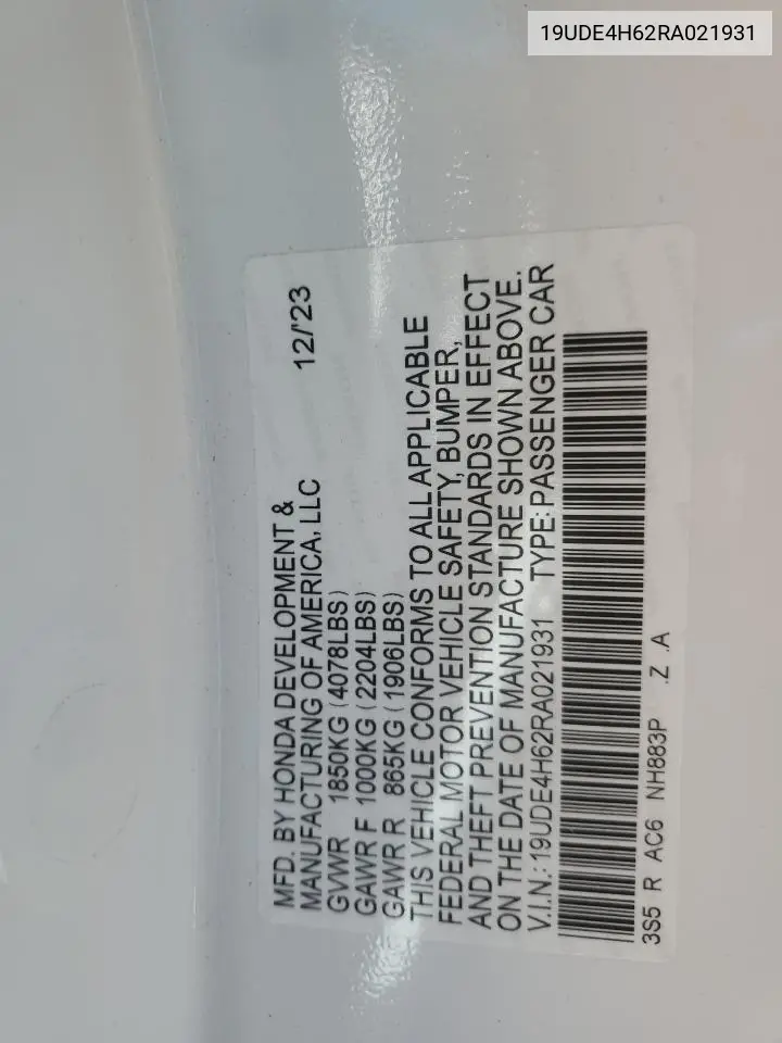 2024 Acura Integra A-Spec Tech VIN: 19UDE4H62RA021931 Lot: 58937575