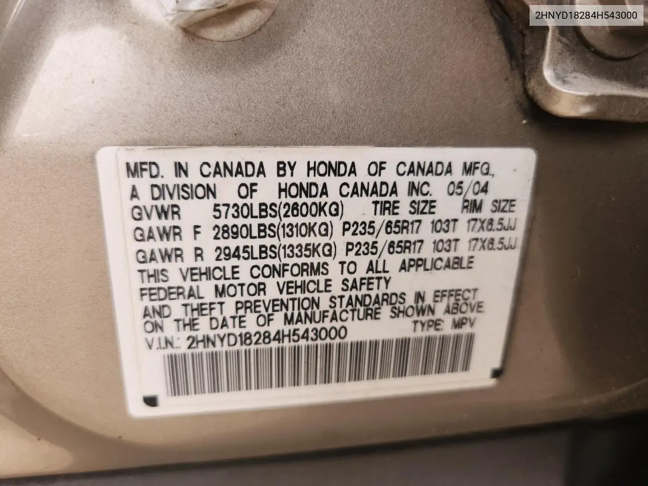 2004 Acura Mdx VIN: 2HNYD18284H543000 Lot: 61759585