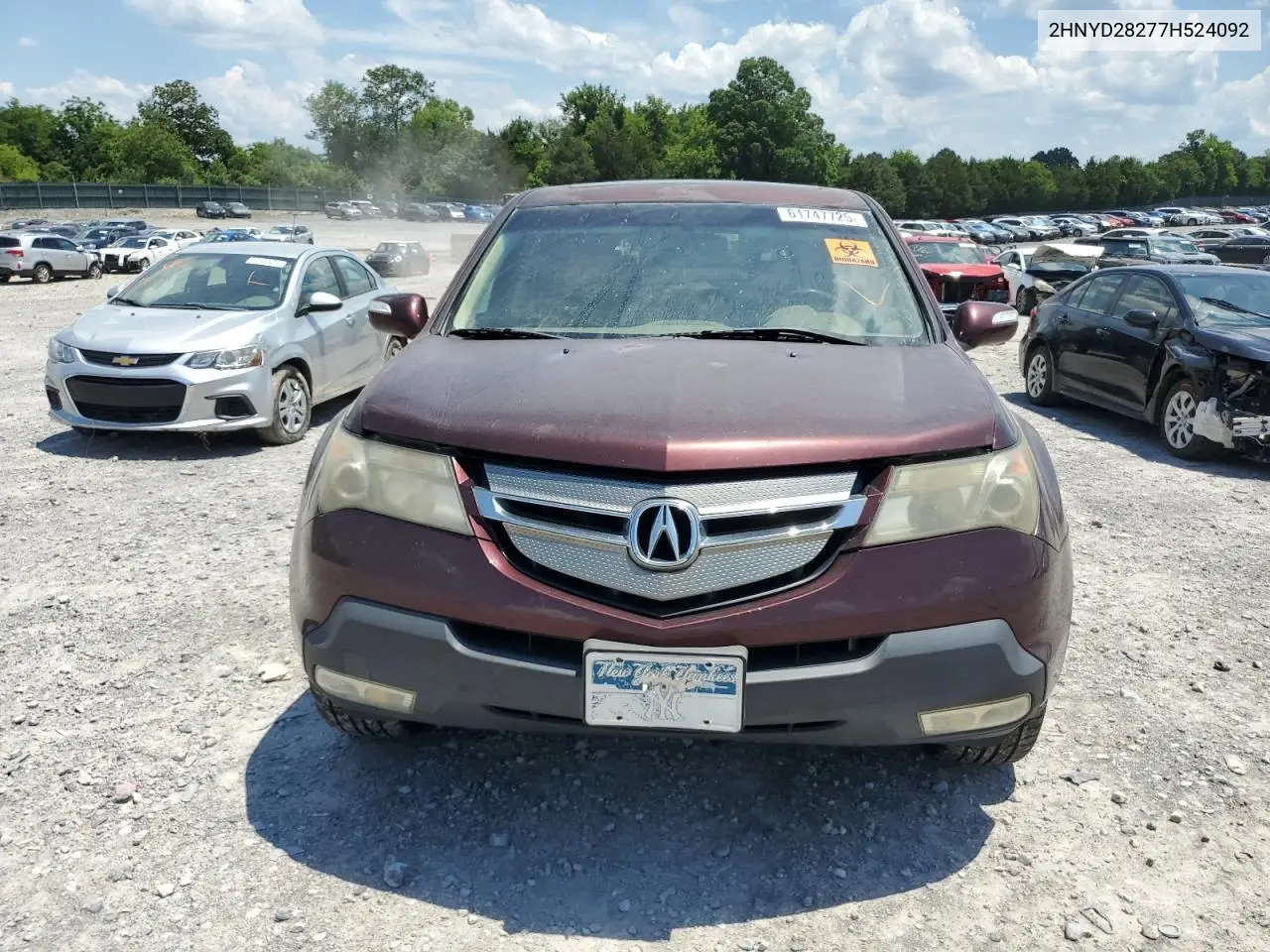 2007 Acura Mdx VIN: 2HNYD28277H524092 Lot: 61747725