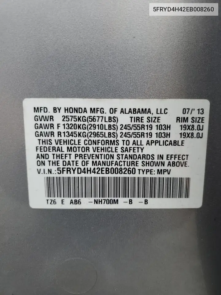 2014 Acura Mdx Technology VIN: 5FRYD4H42EB008260 Lot: 62508895