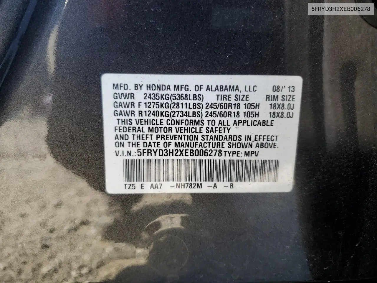2014 Acura Mdx VIN: 5FRYD3H2XEB006278 Lot: 64420985