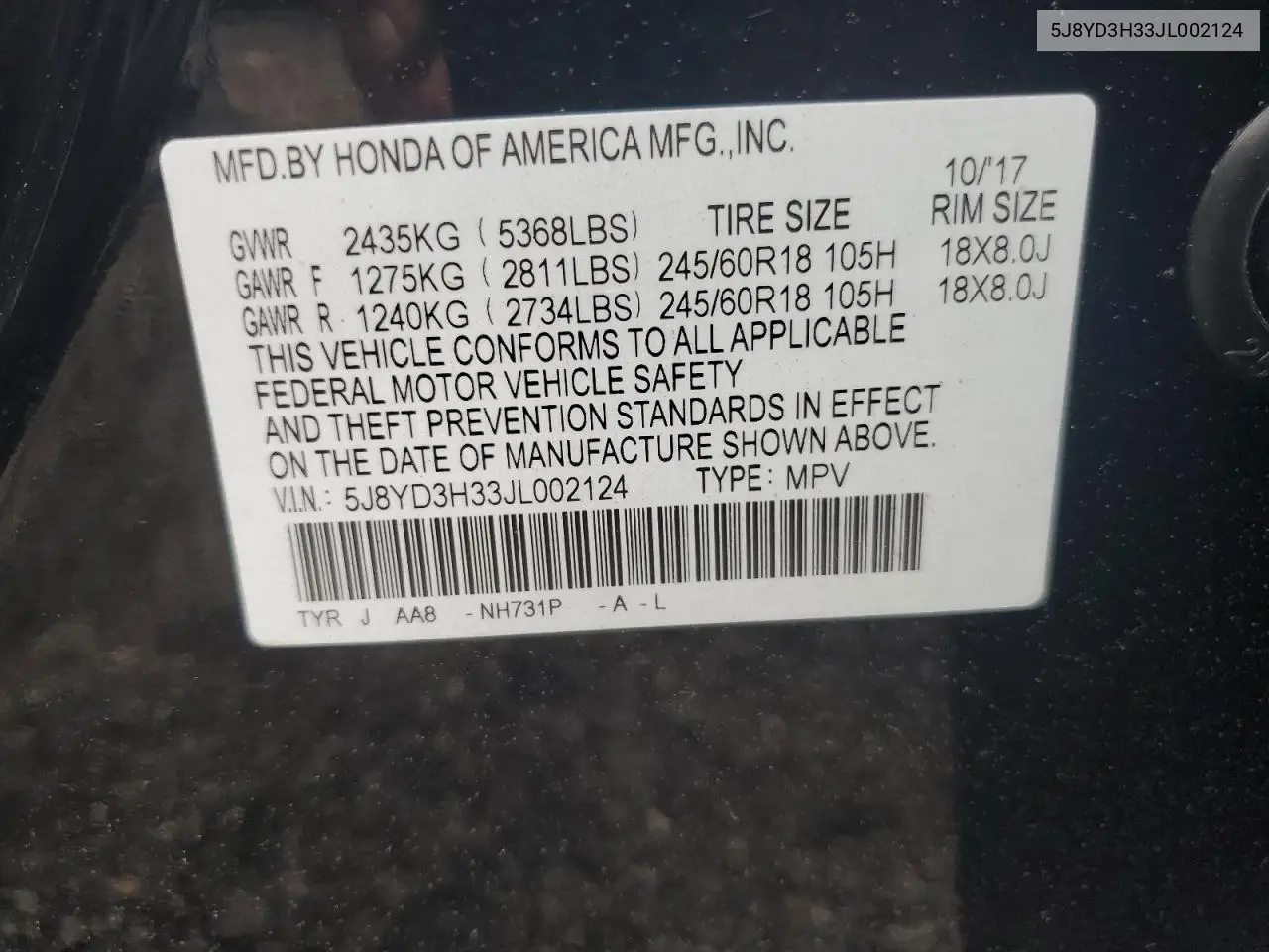 2018 Acura Mdx VIN: 5J8YD3H33JL002124 Lot: 61518485