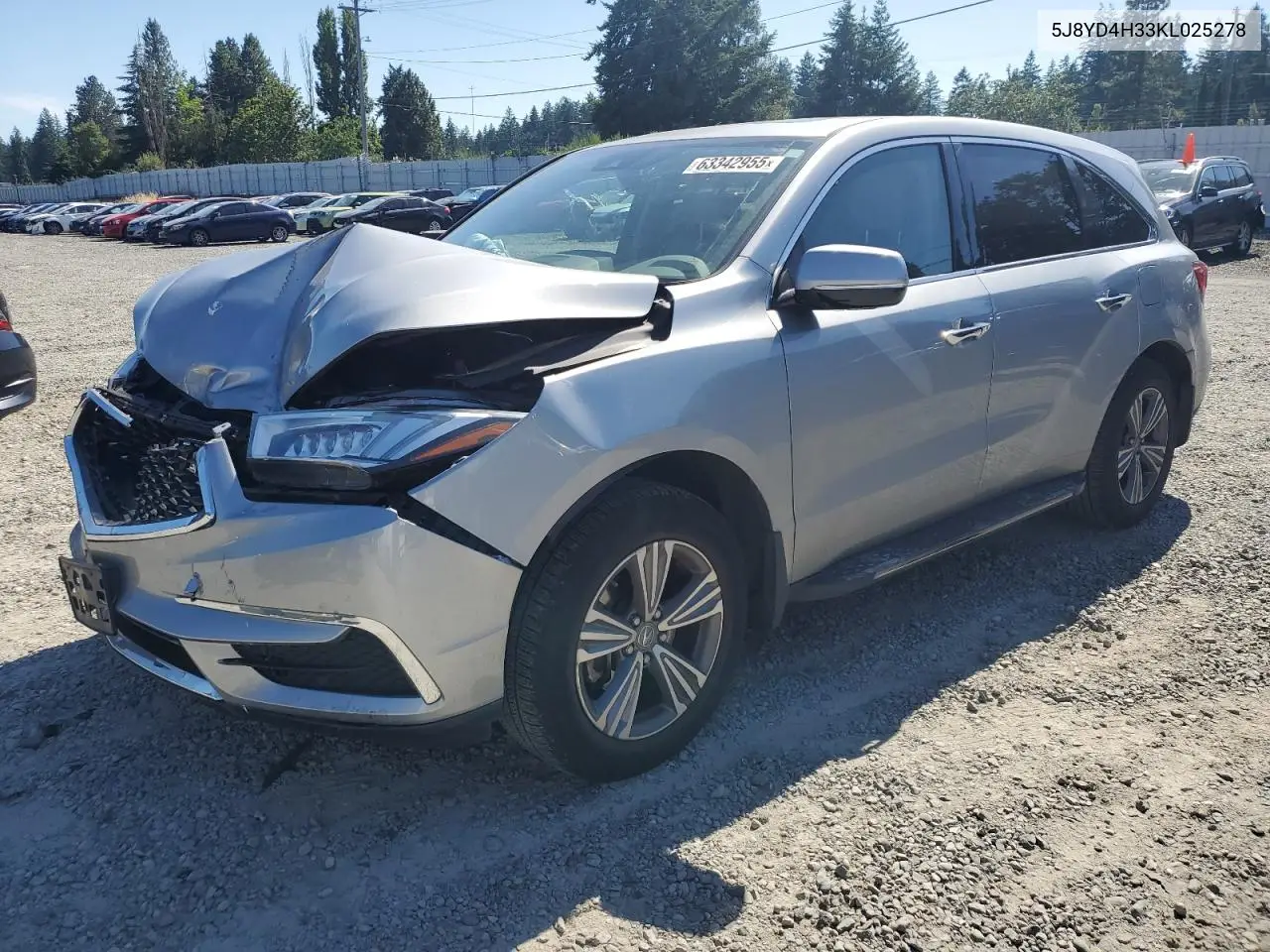 2019 Acura Mdx VIN: 5J8YD4H33KL025278 Lot: 63342955