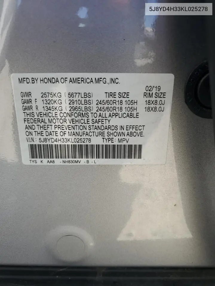 2019 Acura Mdx VIN: 5J8YD4H33KL025278 Lot: 63342955