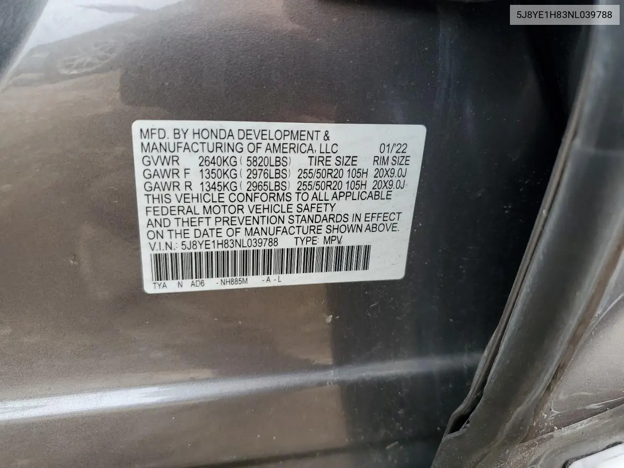 2022 Acura Mdx Advance VIN: 5J8YE1H83NL039788 Lot: 60023765