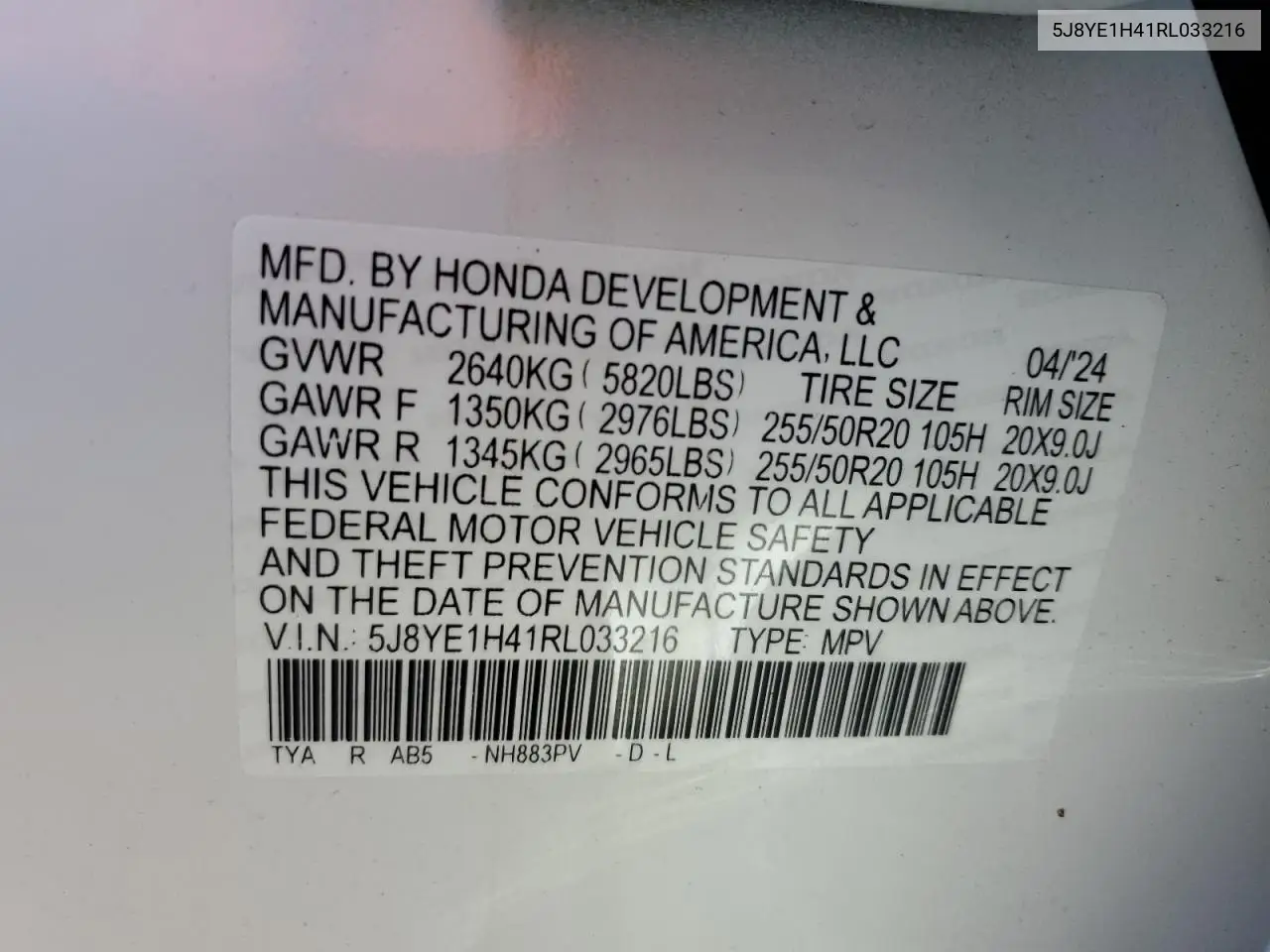 2024 Acura Mdx Technology VIN: 5J8YE1H41RL033216 Lot: 62871355