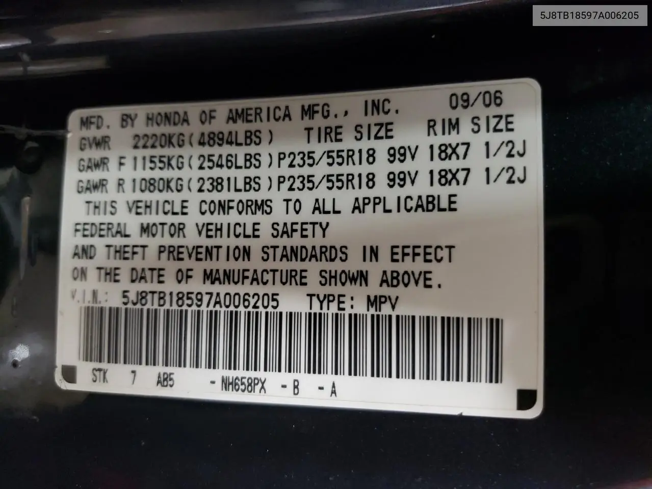 2007 Acura Rdx Technology VIN: 5J8TB18597A006205 Lot: 55954605