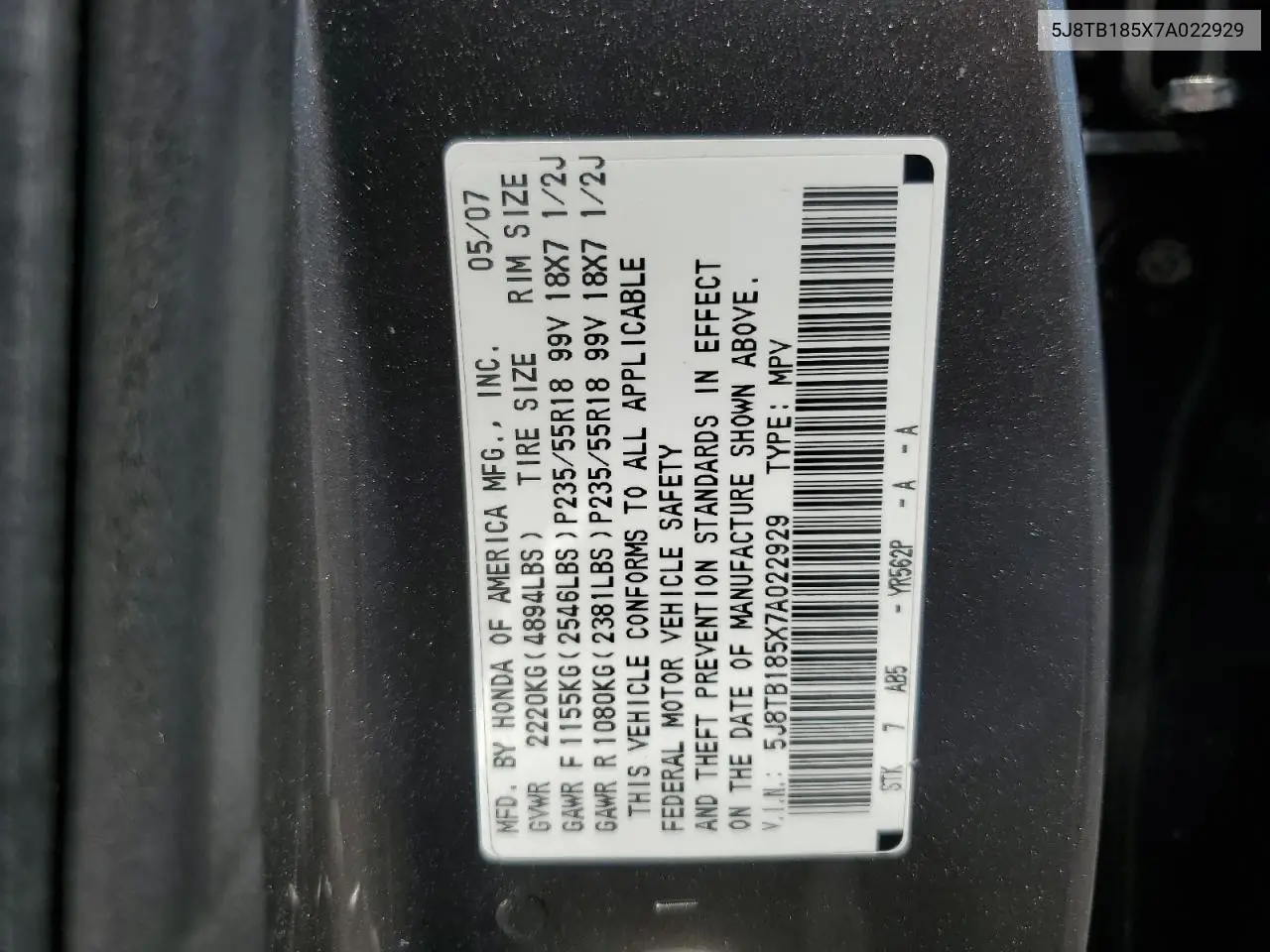 2007 Acura Rdx Technology VIN: 5J8TB185X7A022929 Lot: 61131035