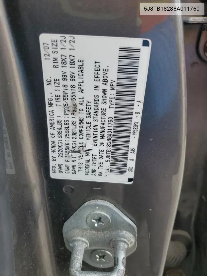 2008 Acura Rdx VIN: 5J8TB18288A011760 Lot: 54675845