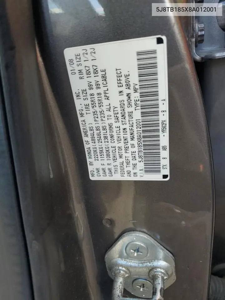 2008 Acura Rdx Technology VIN: 5J8TB185X8A012001 Lot: 56139155