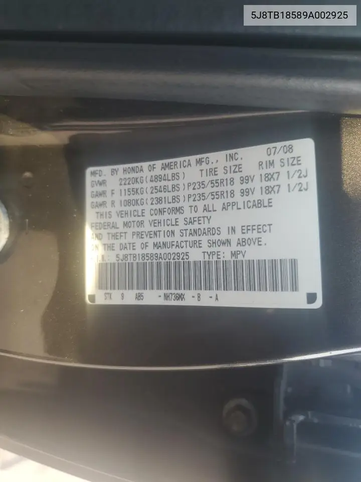 2009 Acura Rdx Technology VIN: 5J8TB18589A002925 Lot: 62224635