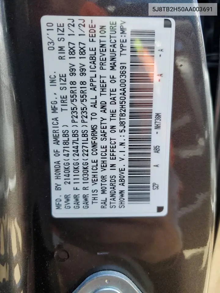2010 Acura Rdx Technology VIN: 5J8TB2H50AA003691 Lot: 56988375