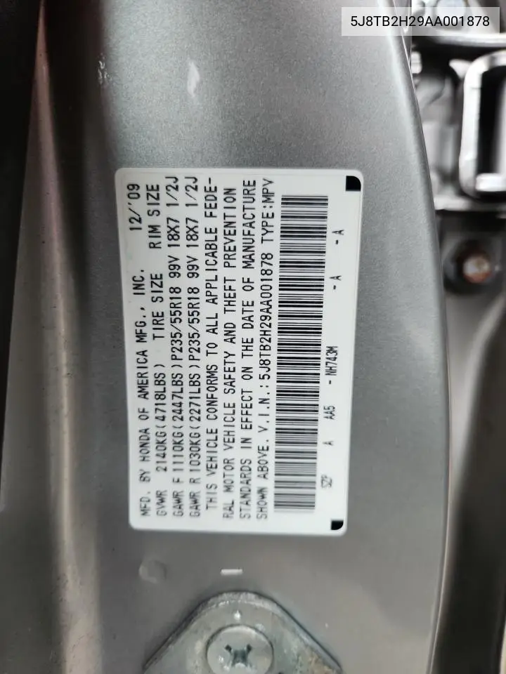 2010 Acura Rdx VIN: 5J8TB2H29AA001878 Lot: 64196295