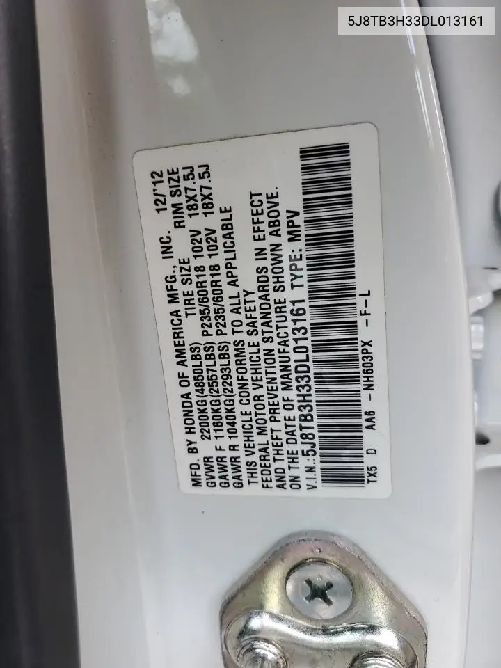 2013 Acura Rdx VIN: 5J8TB3H33DL013161 Lot: 56196515