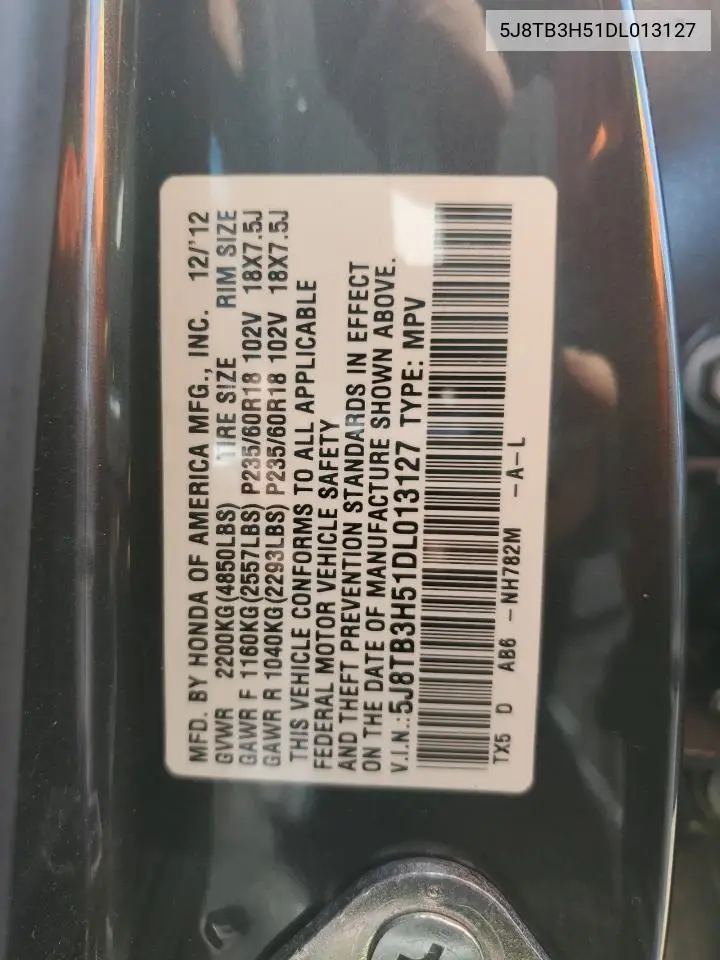 2013 Acura Rdx Technology VIN: 5J8TB3H51DL013127 Lot: 60853025