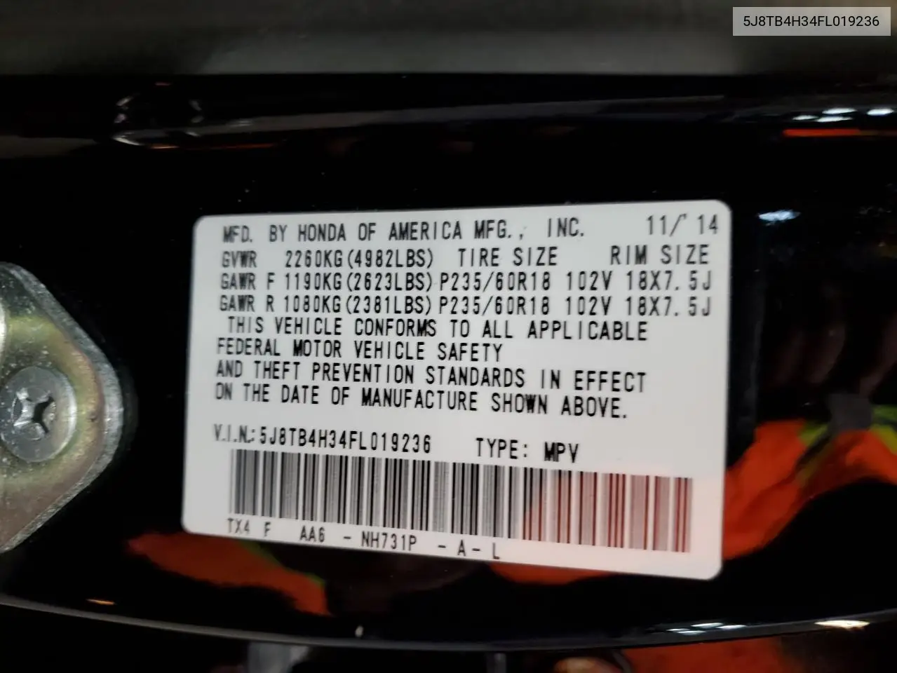 2015 Acura Rdx VIN: 5J8TB4H34FL019236 Lot: 56913735