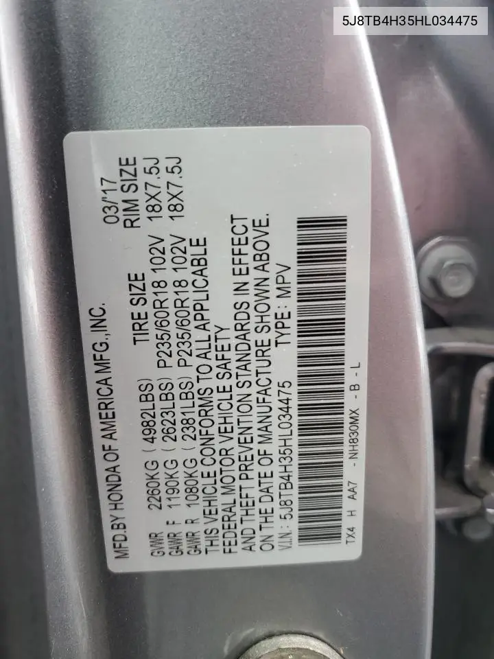 2017 Acura Rdx VIN: 5J8TB4H35HL034475 Lot: 61643925