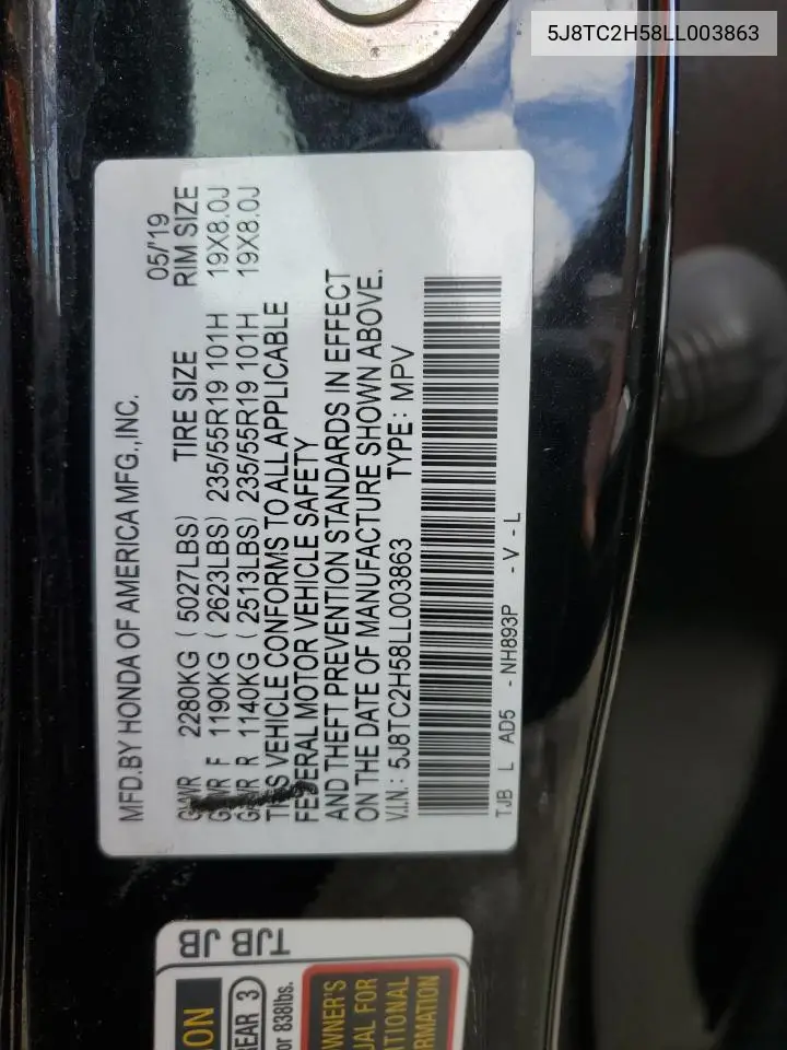 2020 Acura Rdx Technology VIN: 5J8TC2H58LL003863 Lot: 52949325