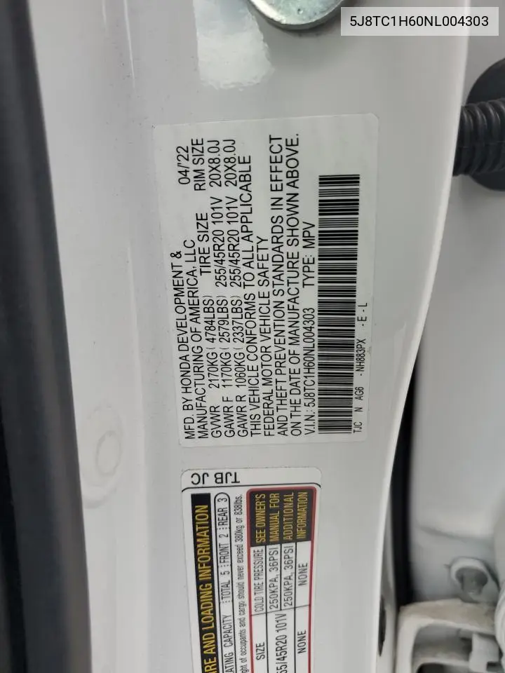 2022 Acura Rdx A-Spec VIN: 5J8TC1H60NL004303 Lot: 55949505