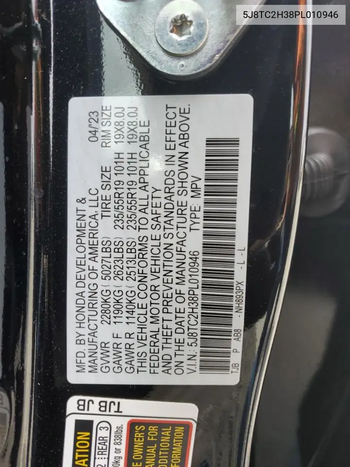 2023 Acura Rdx VIN: 5J8TC2H38PL010946 Lot: 57100755
