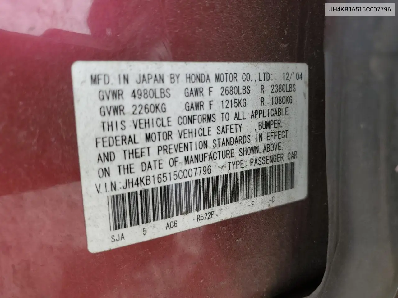 2005 Acura Rl VIN: JH4KB16515C007796 Lot: 55977605