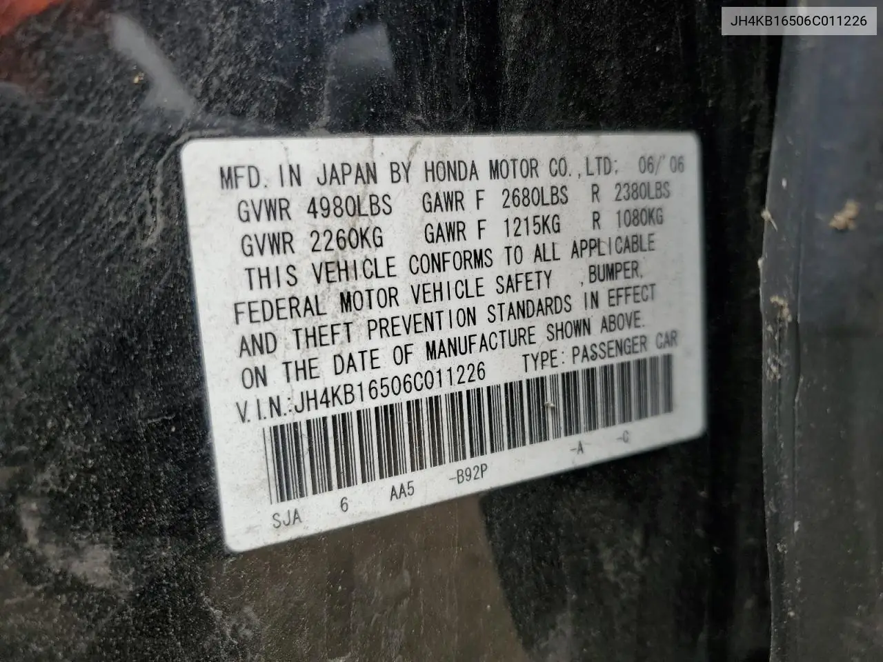 2006 Acura Rl VIN: JH4KB16506C011226 Lot: 53918385