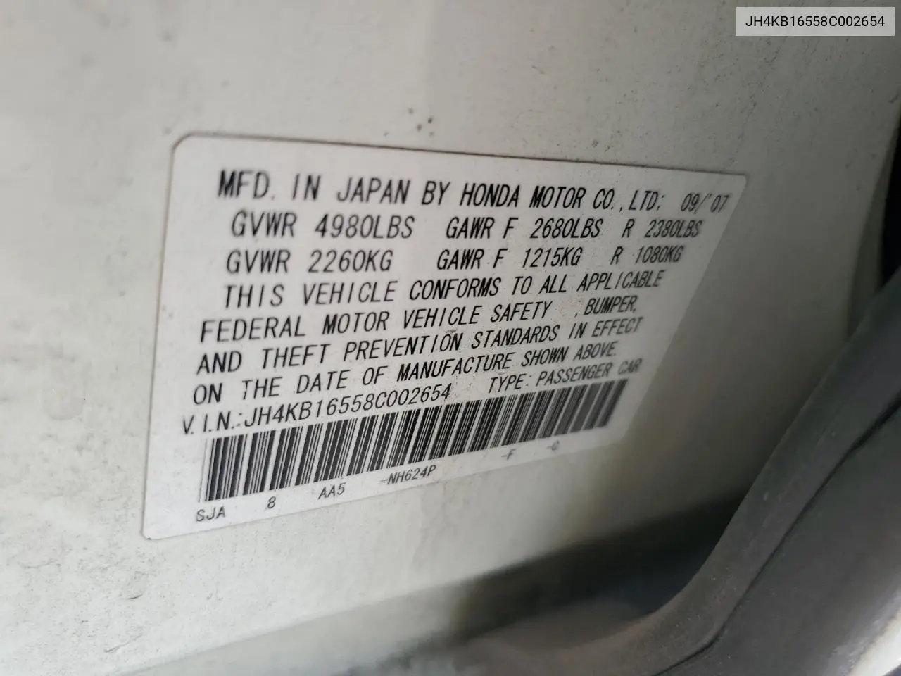 2008 Acura Rl VIN: JH4KB16558C002654 Lot: 50778375