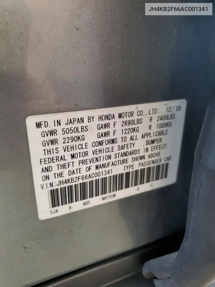 2010 Acura Rl VIN: JH4KB2F66AC001341 Lot: 65183265