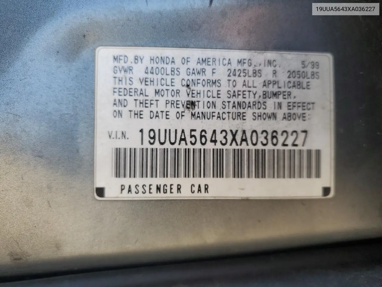 1999 Acura 3.2Tl VIN: 19UUA5643XA036227 Lot: 55781075