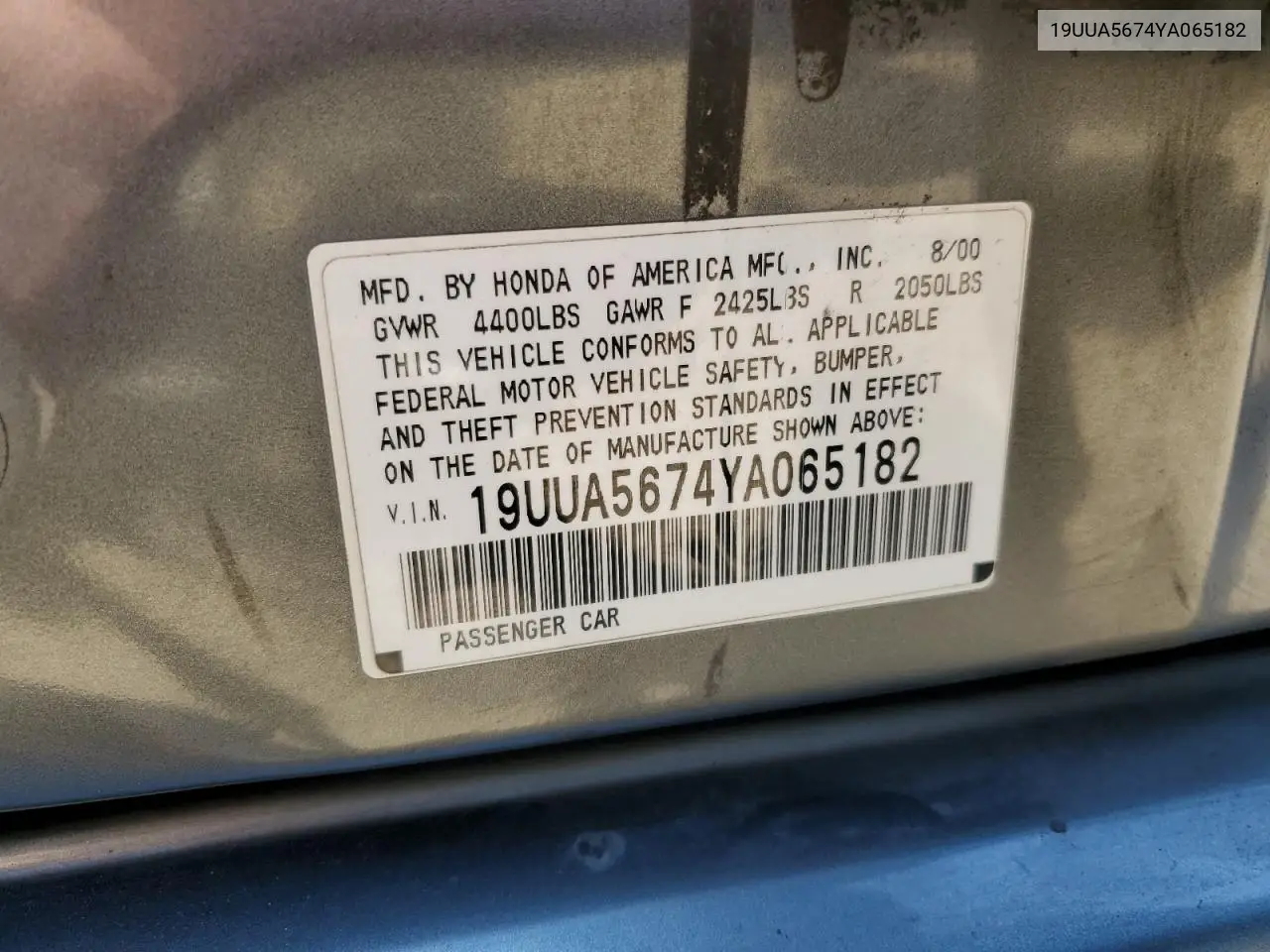 2000 Acura 3.2Tl VIN: 19UUA5674YA065182 Lot: 58375845