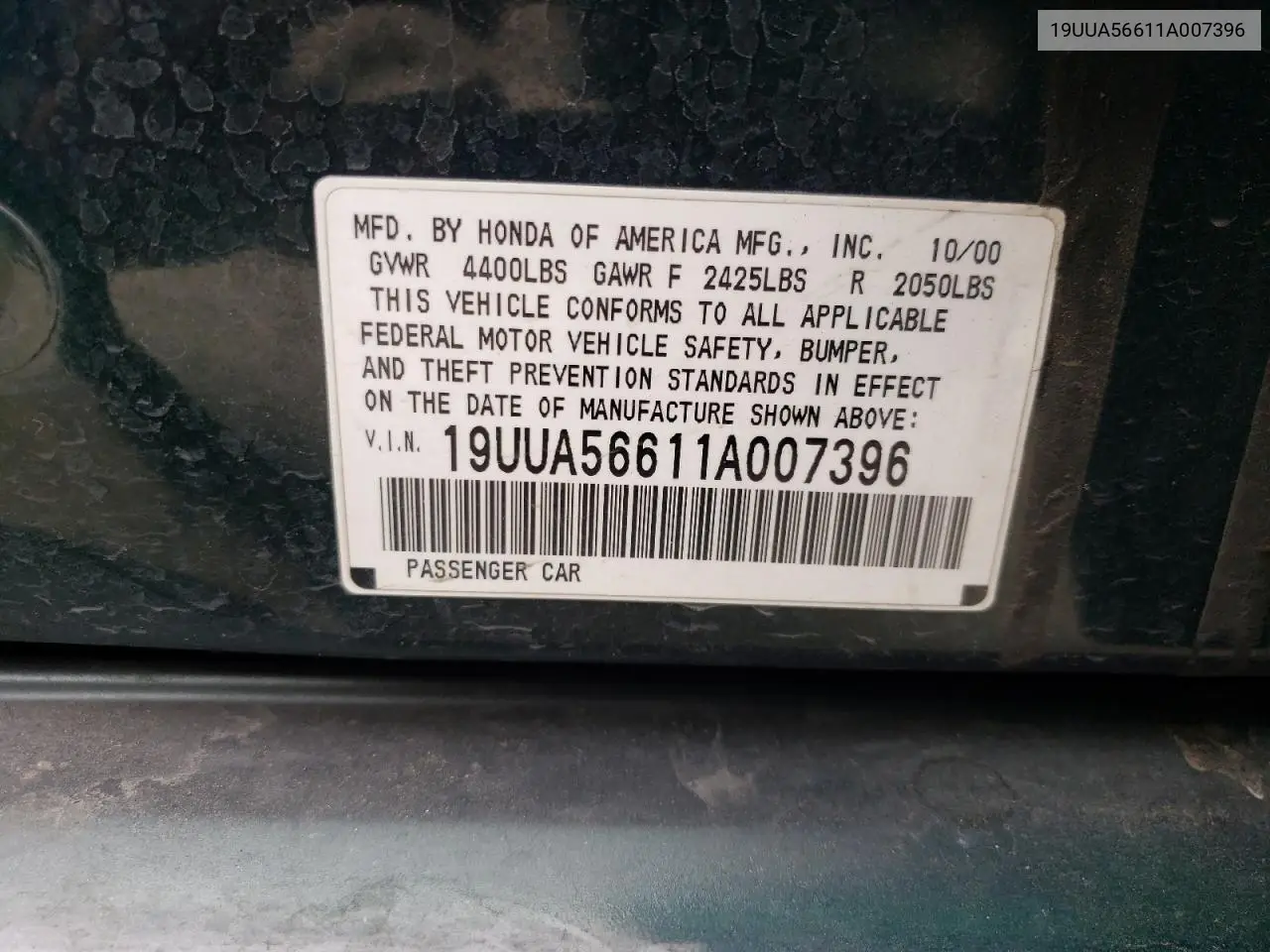 2001 Acura 3.2Tl VIN: 19UUA56611A007396 Lot: 53754835
