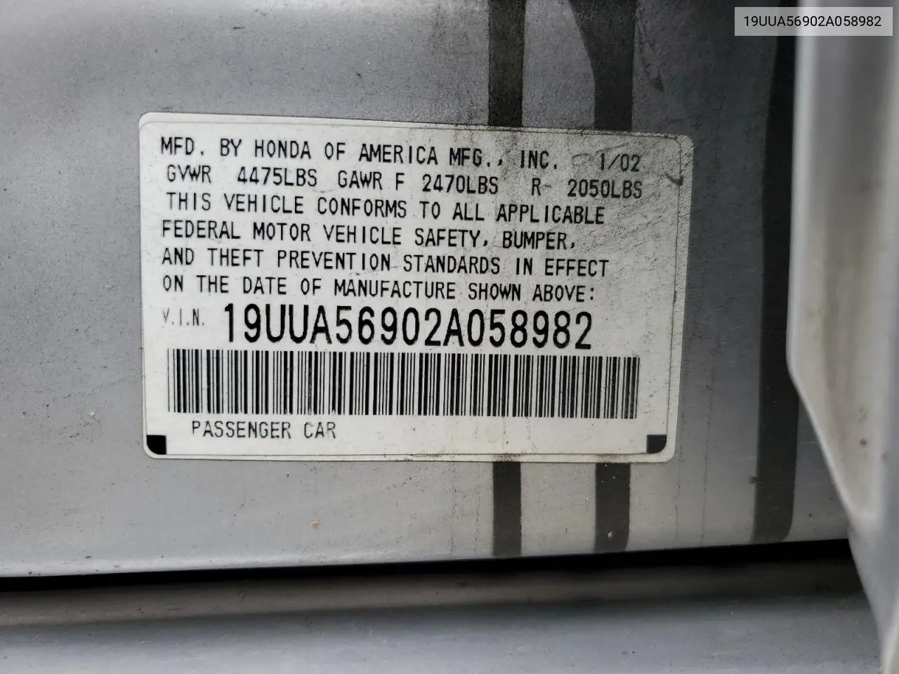 2002 Acura 3.2Tl Type-S VIN: 19UUA56902A058982 Lot: 57088105