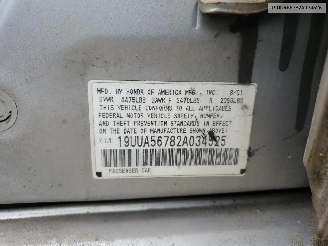 2002 Acura 3.2Tl VIN: 19UUA56782A034525 Lot: 62658955
