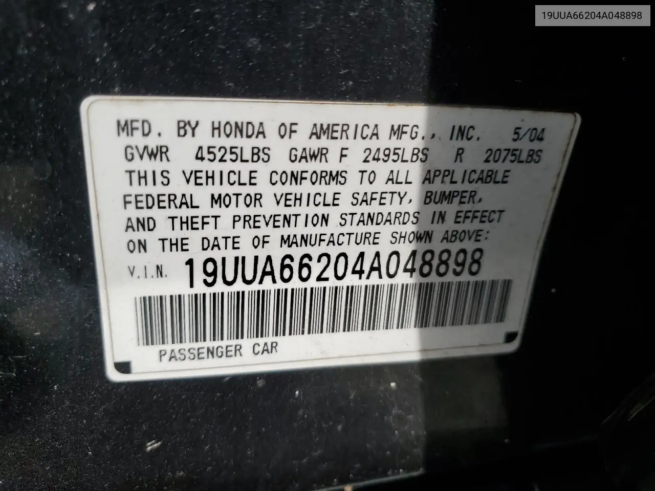 2004 Acura Tl VIN: 19UUA66204A048898 Lot: 62689125
