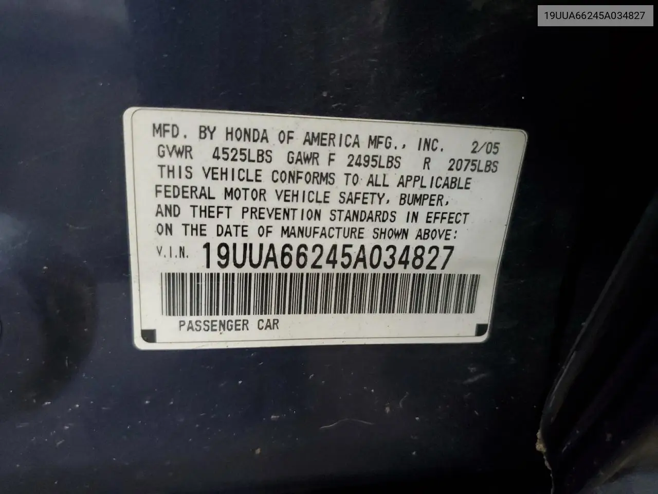 2005 Acura Tl VIN: 19UUA66245A034827 Lot: 62766885