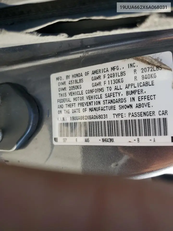 2006 Acura 3.2Tl VIN: 19UUA662X6A068031 Lot: 62094285
