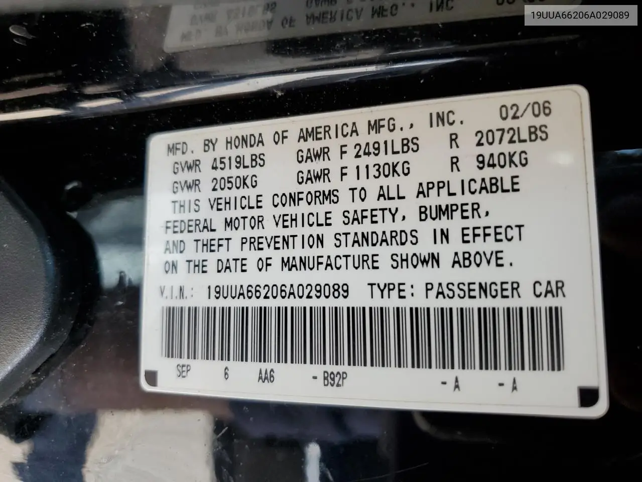 2006 Acura 3.2Tl VIN: 19UUA66206A029089 Lot: 62136515