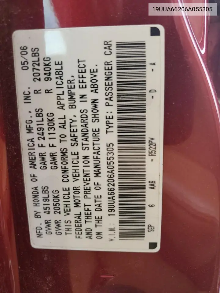 2006 Acura 3.2Tl VIN: 19UUA66206A055305 Lot: 62511385