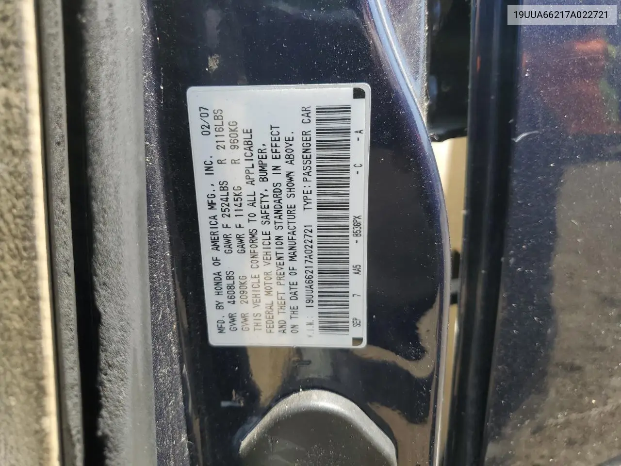2007 Acura Tl VIN: 19UUA66217A022721 Lot: 62647075