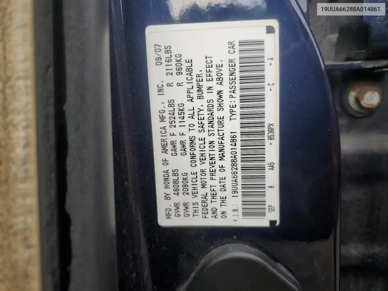 2008 Acura Tl VIN: 19UUA66288A014861 Lot: 62646135