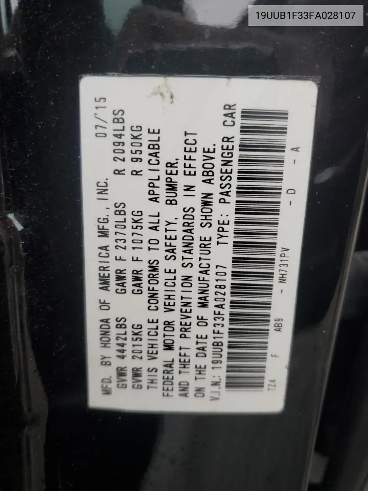 2015 Acura Tlx VIN: 19UUB1F33FA028107 Lot: 65567055