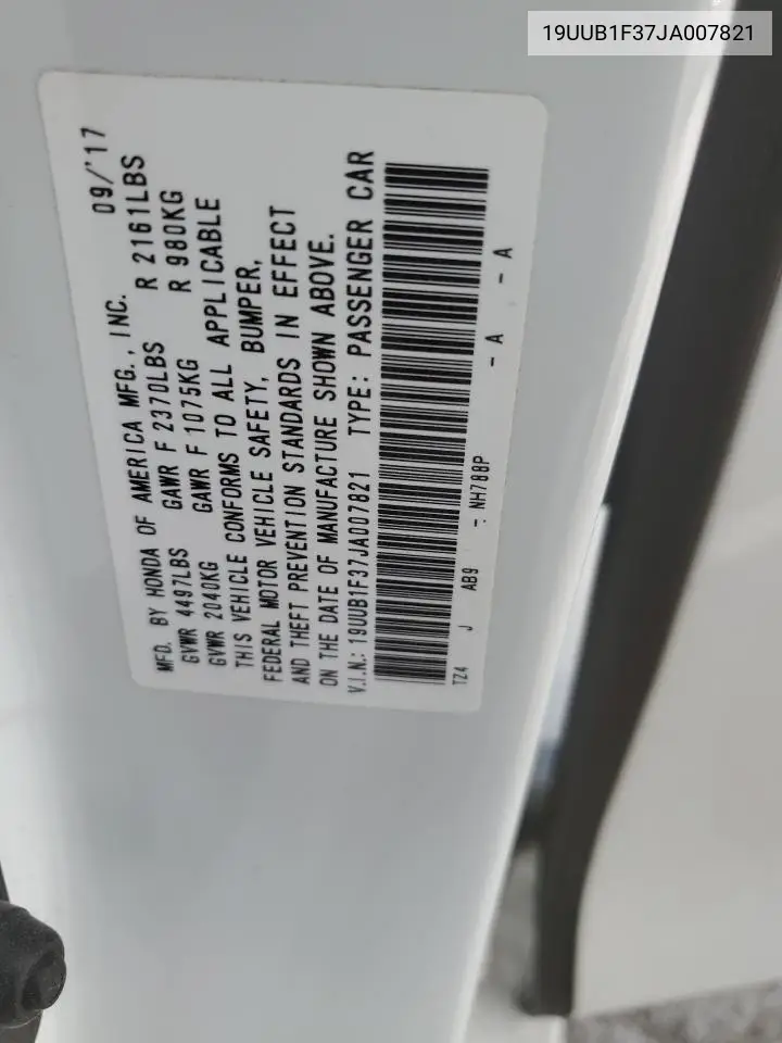 2018 Acura Tlx VIN: 19UUB1F37JA007821 Lot: 59815235