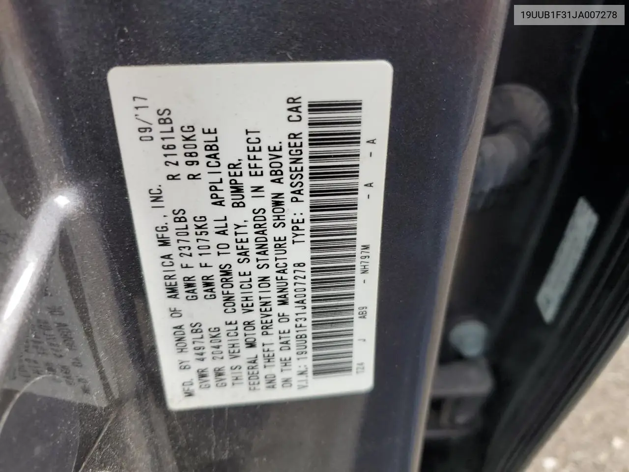 2018 Acura Tlx VIN: 19UUB1F31JA007278 Lot: 60405315