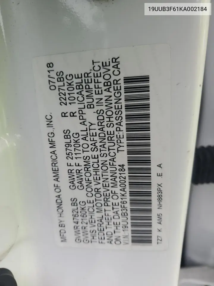 2019 Acura Tlx Technology VIN: 19UUB3F61KA002184 Lot: 56479445
