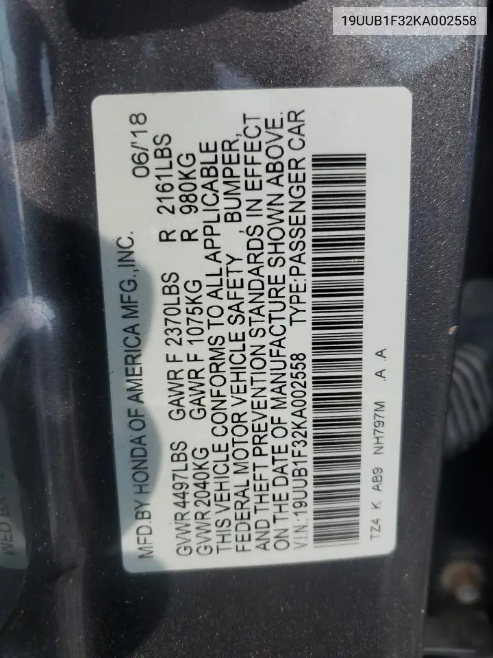 2019 Acura Tlx VIN: 19UUB1F32KA002558 Lot: 62399465