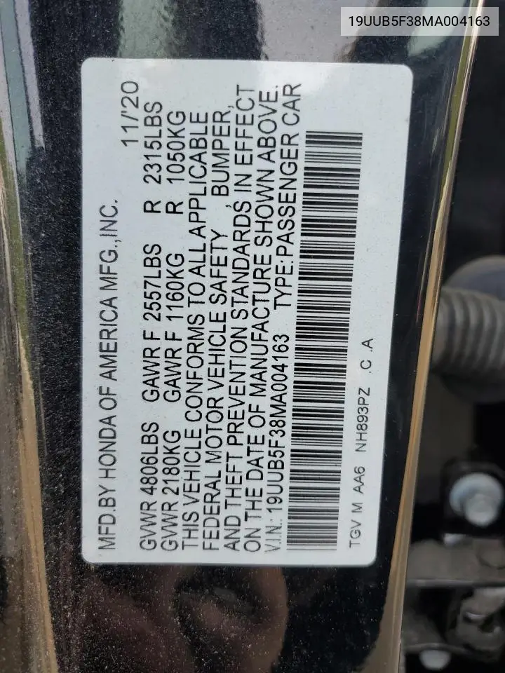 2021 Acura Tlx VIN: 19UUB5F38MA004163 Lot: 54009015